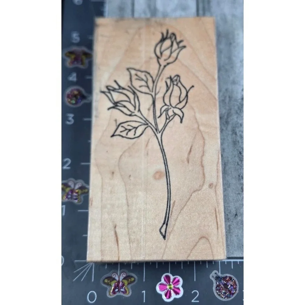 Long Stem Roses Flowers Detailed Rubber Stamp Wood #M9